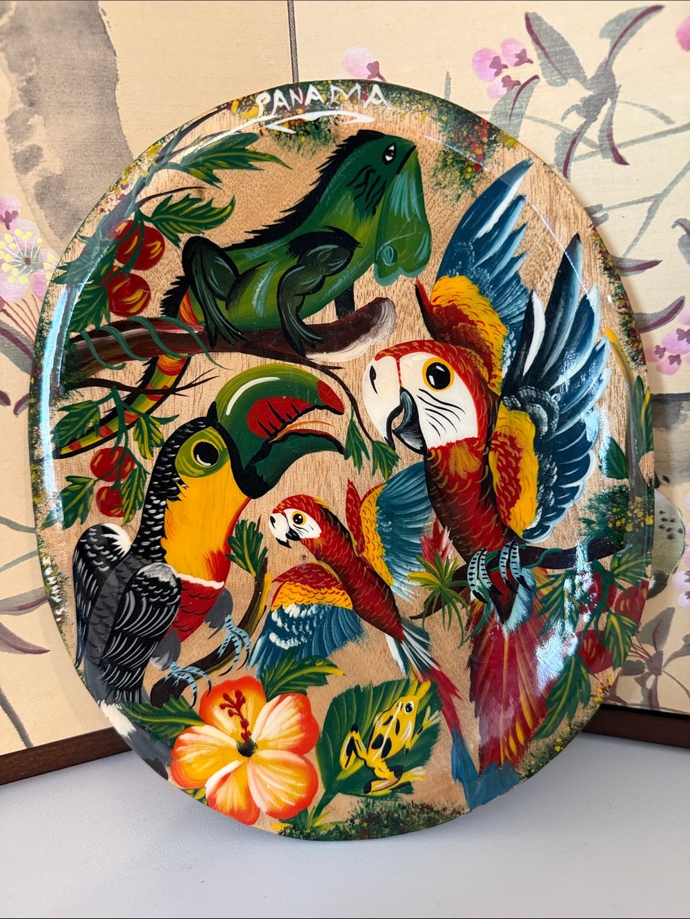 Tropical Parrot and Toucan wall Plaque plate artist signed Panama wooden laquer